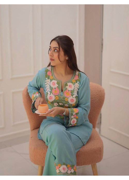 Pure Cotton Sky Embroidered Co-Ord Set